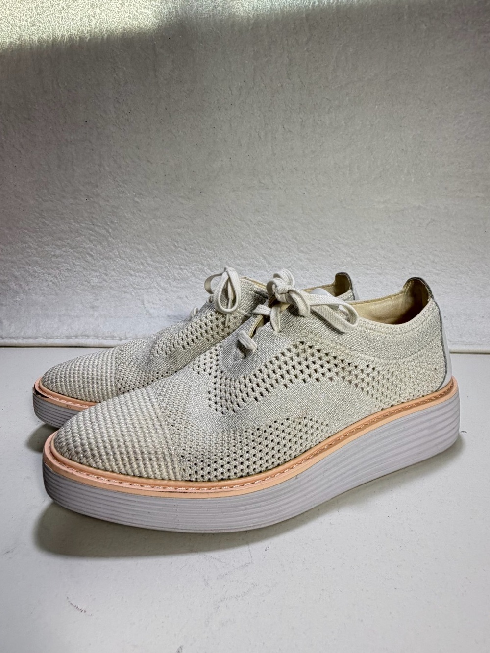 Cole Haan Original Grand Platform Wingtip Oxford Silver Knit Women size 8 shoes